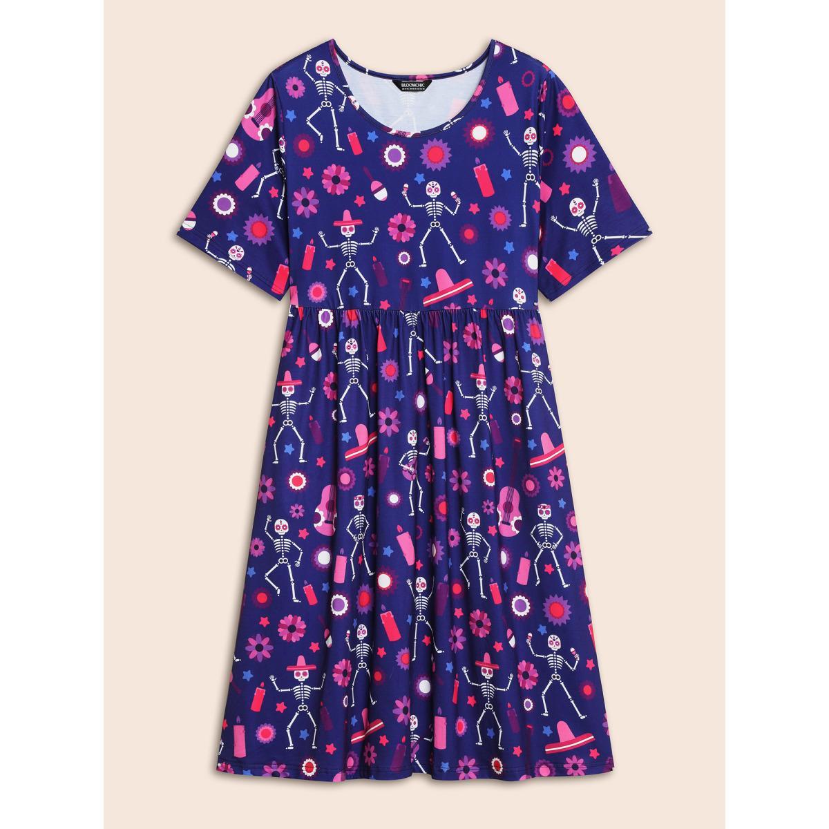 Plus Size Musical Skeleton Waist-Cinching Dress DarkBlue Women Cocktail Non Party Curvy Bloomchic 26/4X Product Image