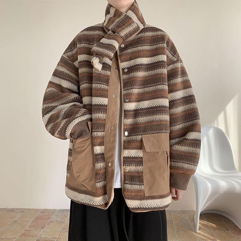 Drop Shoulder Round Neck Striped Button Jacket Product Image