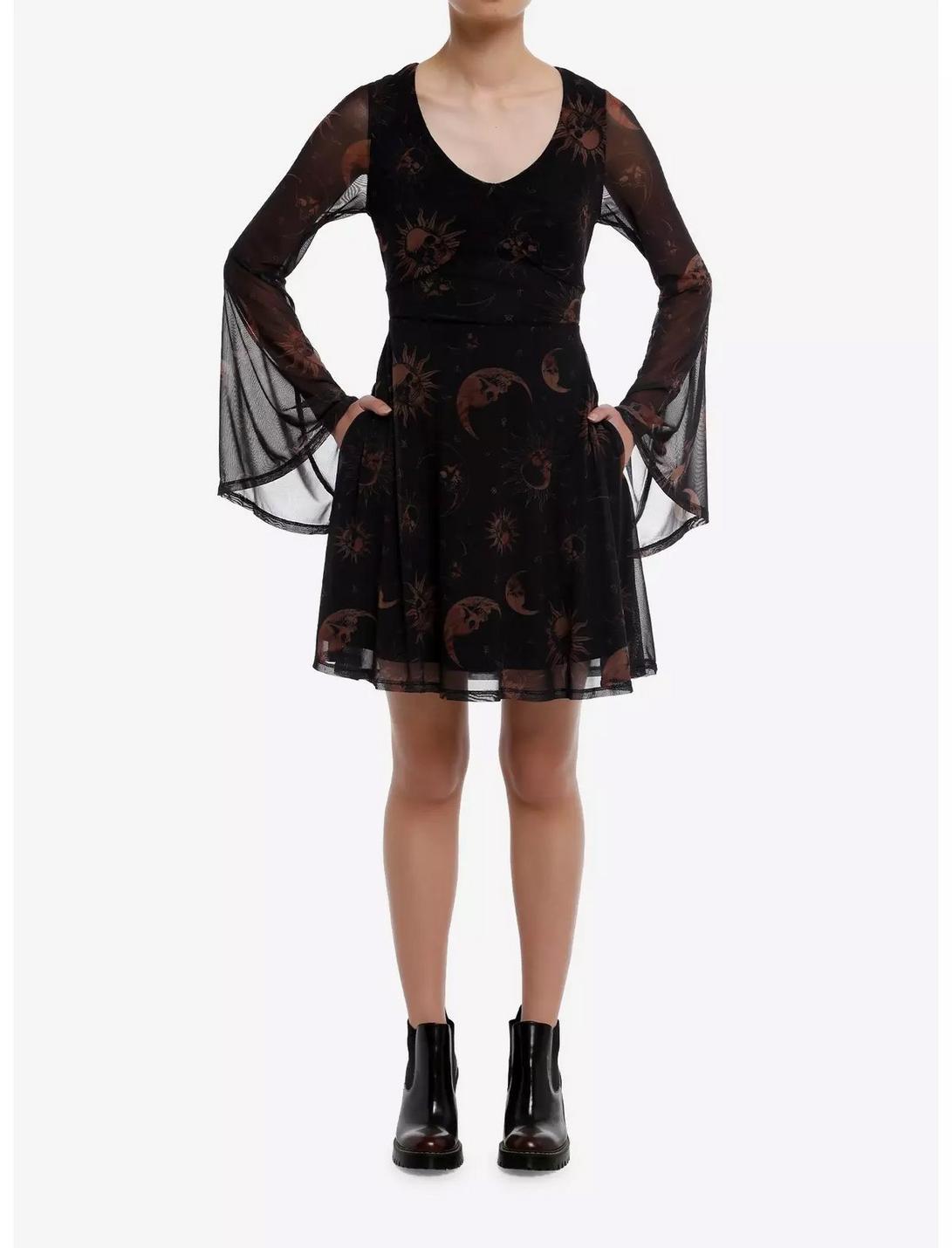 Cosmic Aura Skull Celestial Mesh Bell-Sleeve Dress Product Image