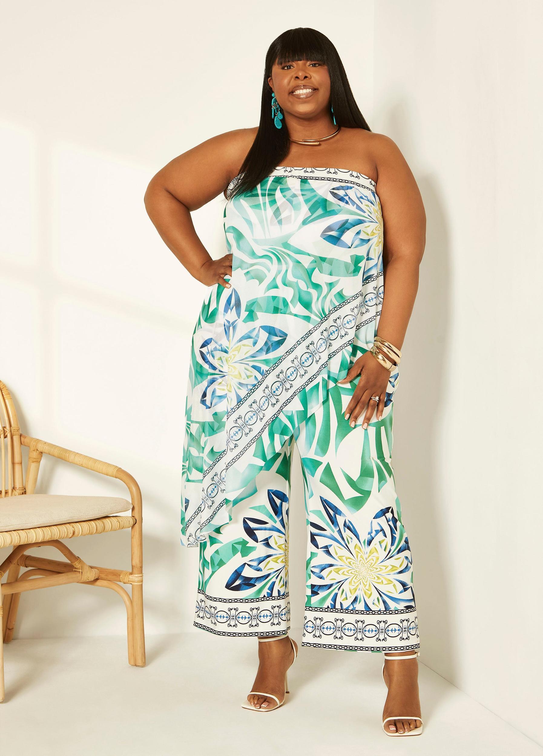 Plus Size Layered Tropical Print Jumpsuit Ashley Stewart Product Image