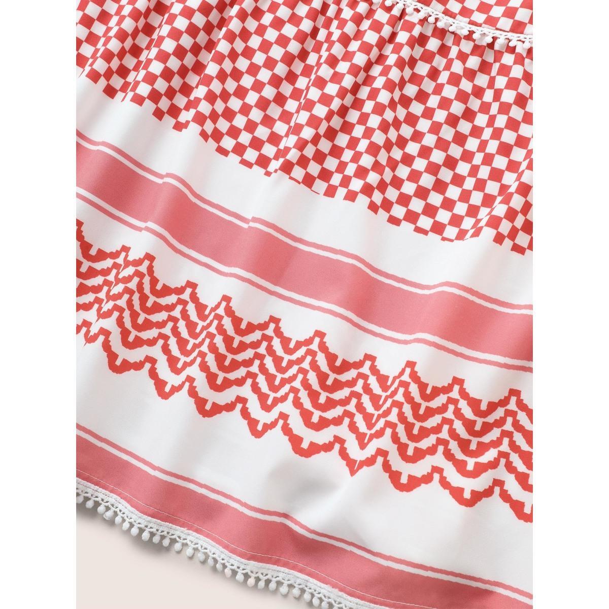 Plus Size Gingham Patchwork Lapel Collar Ruffle Sleeve Dress Raspberry Women Resort Non Lapel Collar Short sleeve Curvy Midi Dress BloomChic 28/5X Product Image