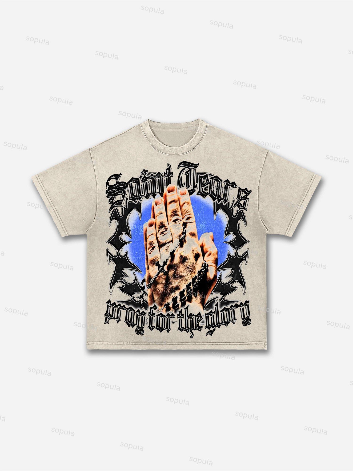 Vintage Pray For The Glory Graphic Print Casual Acid Wash T-shirt Product Image