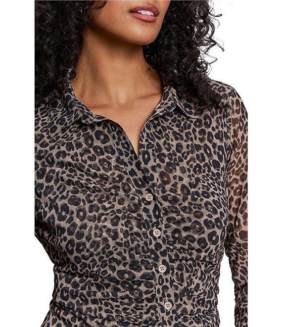 Sanctuary Dreamgirl Print Mesh Point Collar Neck Long Sleeve Ruched Button Front Top Product Image