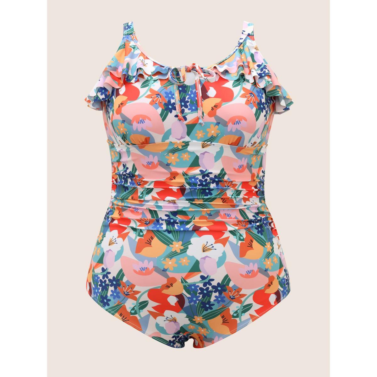 Plus Size Floral Tie Knot Ruffle Trim One Piece Swimsuit Women's Swimwear Multicolor Beach Tie knot Curve Bathing Suits High stretch One Pieces BloomChic 14-16/1X Product Image