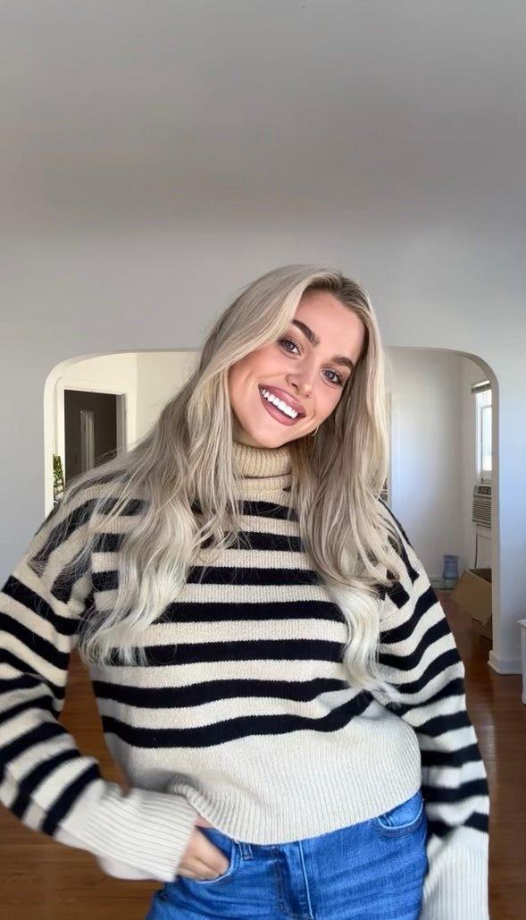 Beige and Black Striped Turtleneck Sweater-FINAL SALE Female Product Image