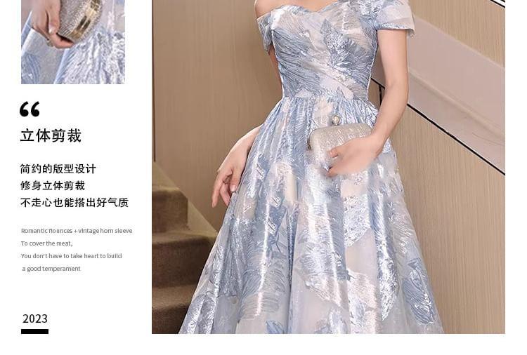 Short-Sleeve Off Shoulder Ruched Jacquard A-Line Evening Gown Product Image