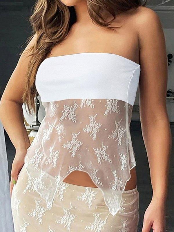 Lace Patchwork Slit Sheer Mesh Bandeau Top Product Image