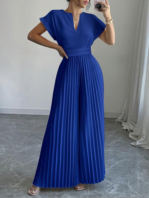 Loose Short Sleeves Pleated Solid Color Split-Joint V-Neck Jumpsuits Product Image