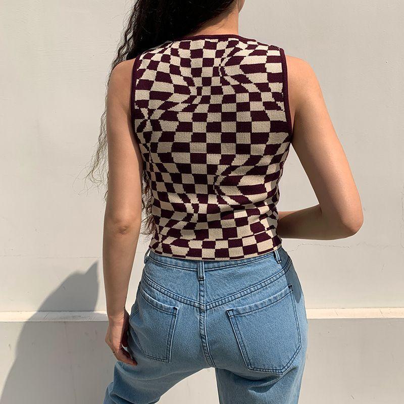 Crew-Neck Psychedelic Check Print Knit Crop Tank Top Product Image