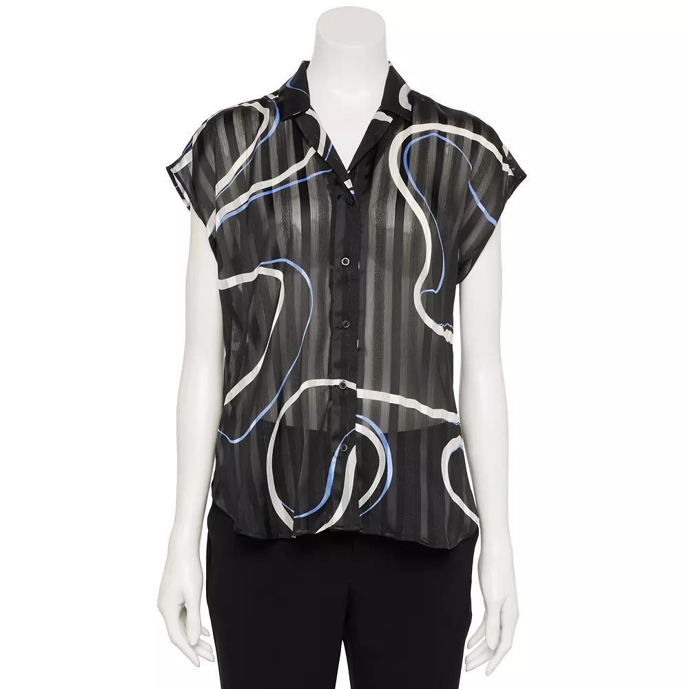 Women's Nine West Adaptive Short Sleeve Button Down Lapel Collar Shirt, Size: Medium, Black Simple Swirl Product Image