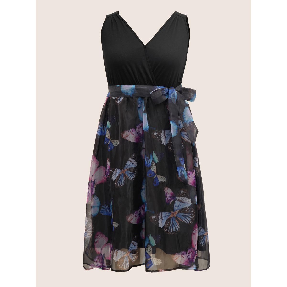 Plus Size Butterfly Mesh Patchwork Wrap Belted Dress Black Women Cocktail Non Overlap Collar Sleeveless Curvy BloomChic 18-20/2X Product Image