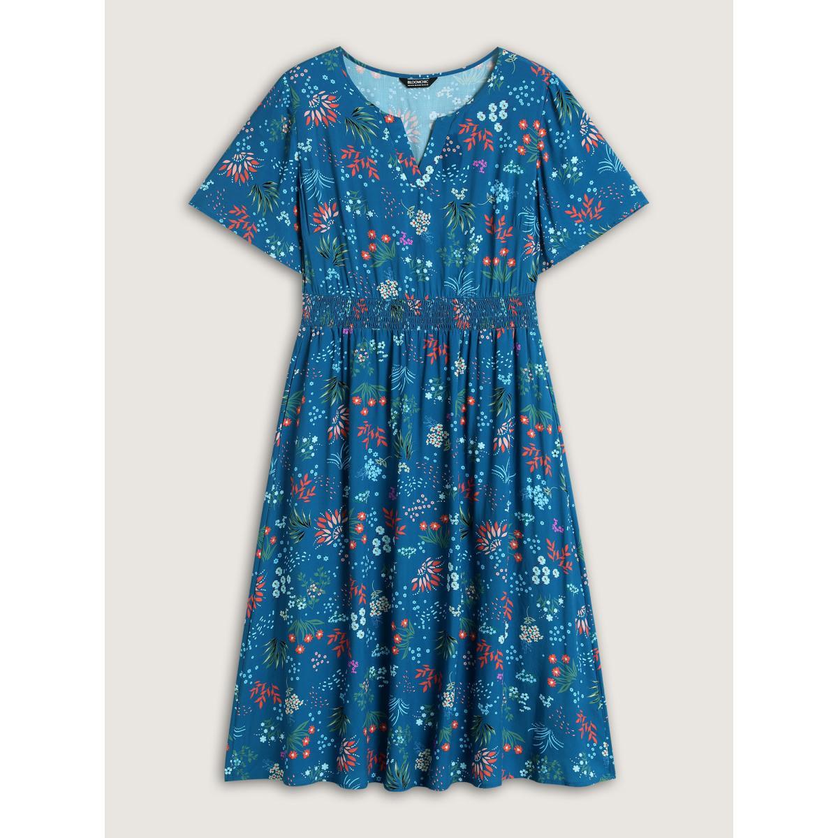 Plus Size Rayon Playful Floral Shirred Midi Dress Mediumblue Women Notched collar Short sleeve Curvy BloomChic 30/6X Product Image