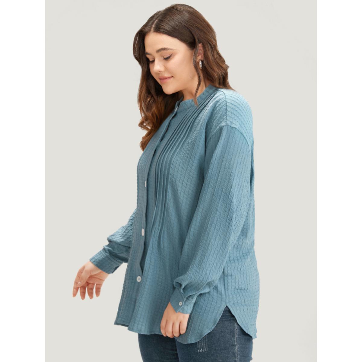 Plus Size Plisse Button Up Curved Hem Kimono Women Stone Casual Texture Everyday Kimonos BloomChic 12/L Product Image