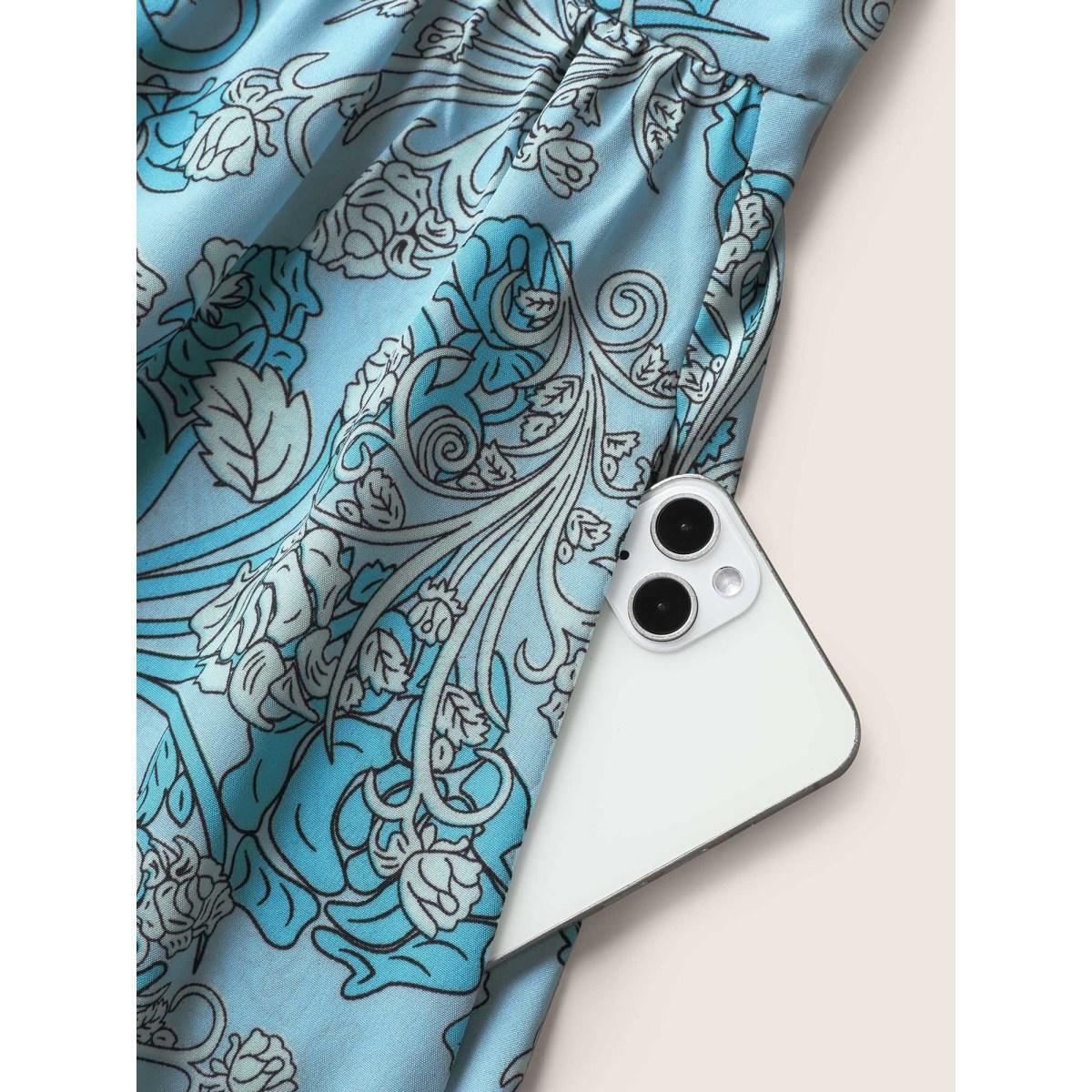 Plus Size Bandana Print Ruched Pocket Cami Dress Cerulean Women Resort Gathered V-neck Sleeveless Curvy BloomChic 14-16/1X Product Image