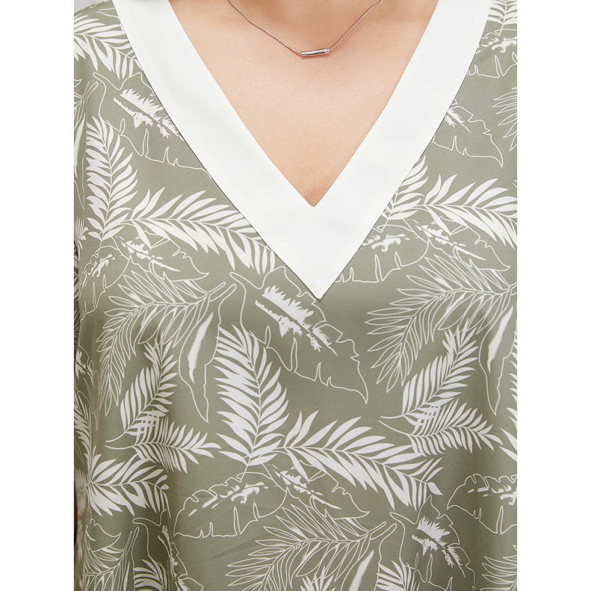 Plus Size Mint Tropical Contrast Trim Hanky Hem Petal Sleeve Blouse Women Elegant Short sleeve V-neck Dailywear Blouses BloomChic 22-24/3X Product Image