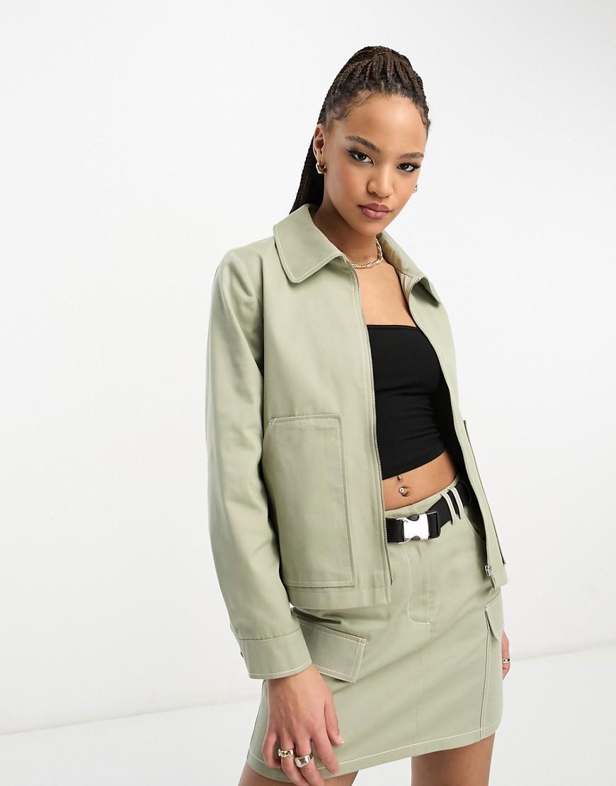 Miss Selfridge cargo utility zip front boxy jacket contrast stitching in khaki - part of a set  Product Image