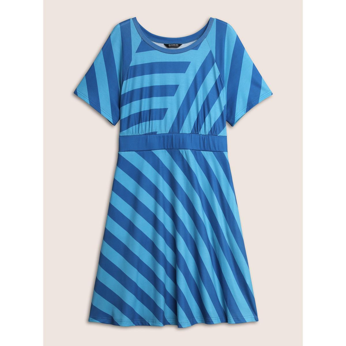 Plus Size Round Neck Striped Raglan Sleeve Dress Teal Women Casual Round Neck Short sleeve Curvy BloomChic 30/6X Product Image