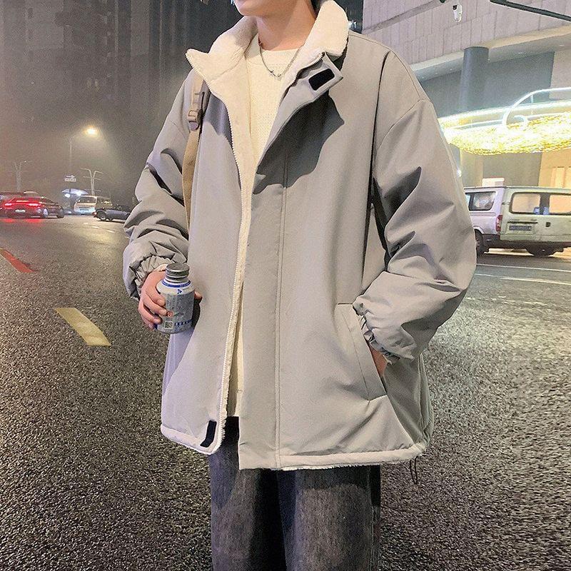 Stand Collar Plain Fleece Zip Up Jacket Product Image