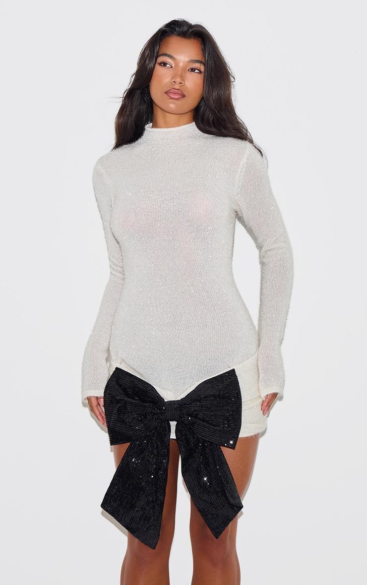 Cream Sheer Tinsel Knit Contrast Bow Detail Sweater Dress Product Image