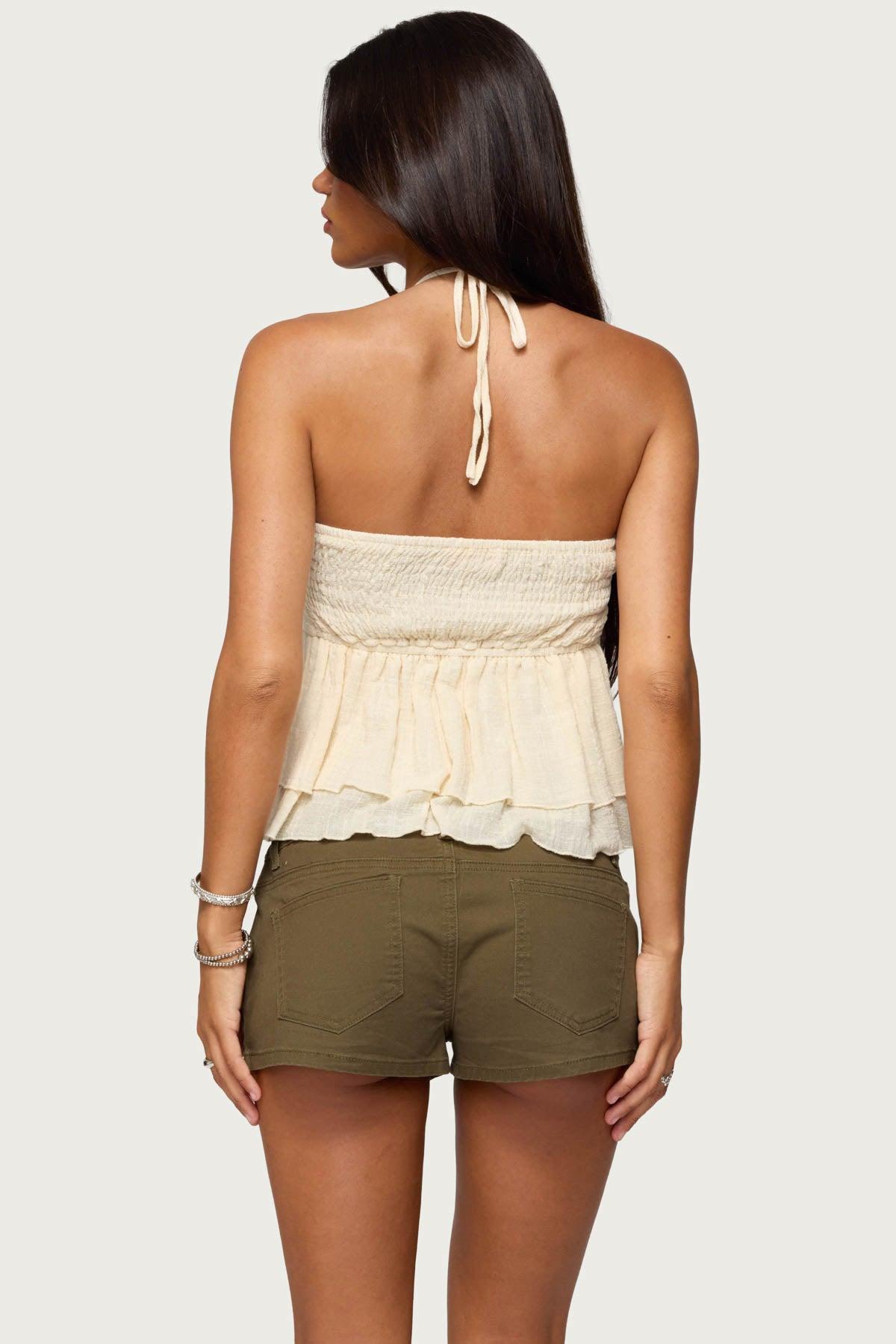 Layered Linen Look Babydoll Halter Top Product Image