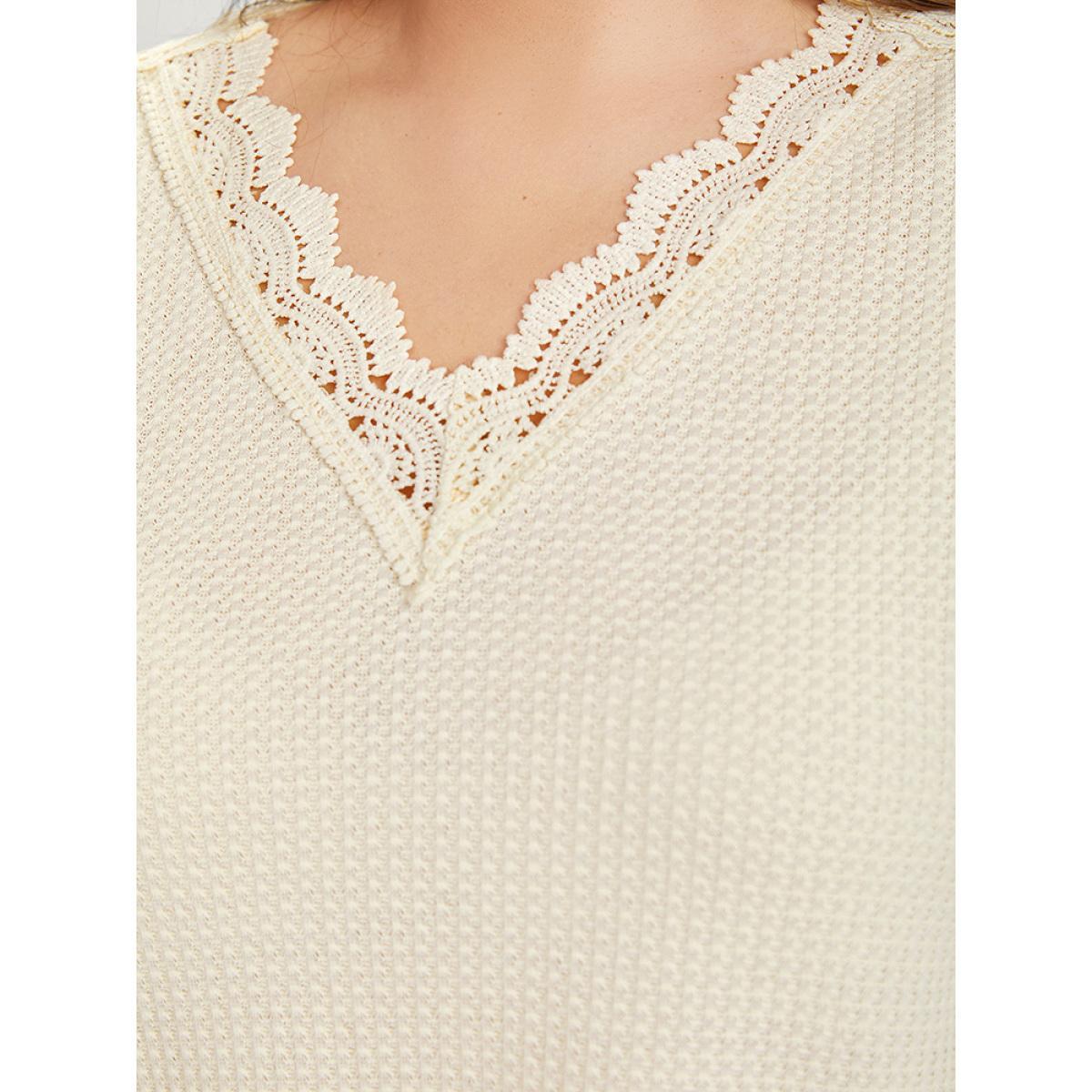 Plus Size Solid Crochet Lace V Neck Sweatshirt Women Ivory Elegant Lace V-neck Dailywear Sweatshirts BloomChic 30/6X Product Image