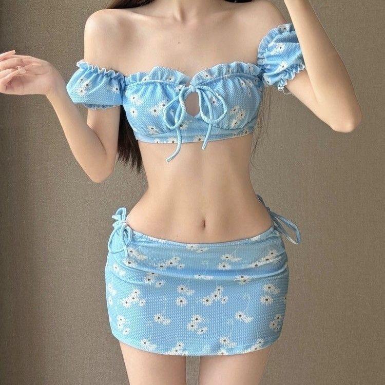 Set: Off-Shoulder Floral Cutout Swim Top + Bottom + Cover Up Skirt Product Image