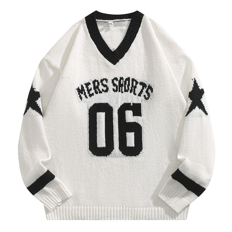 V-Neck Lettering Star Jacquard Sweater Product Image