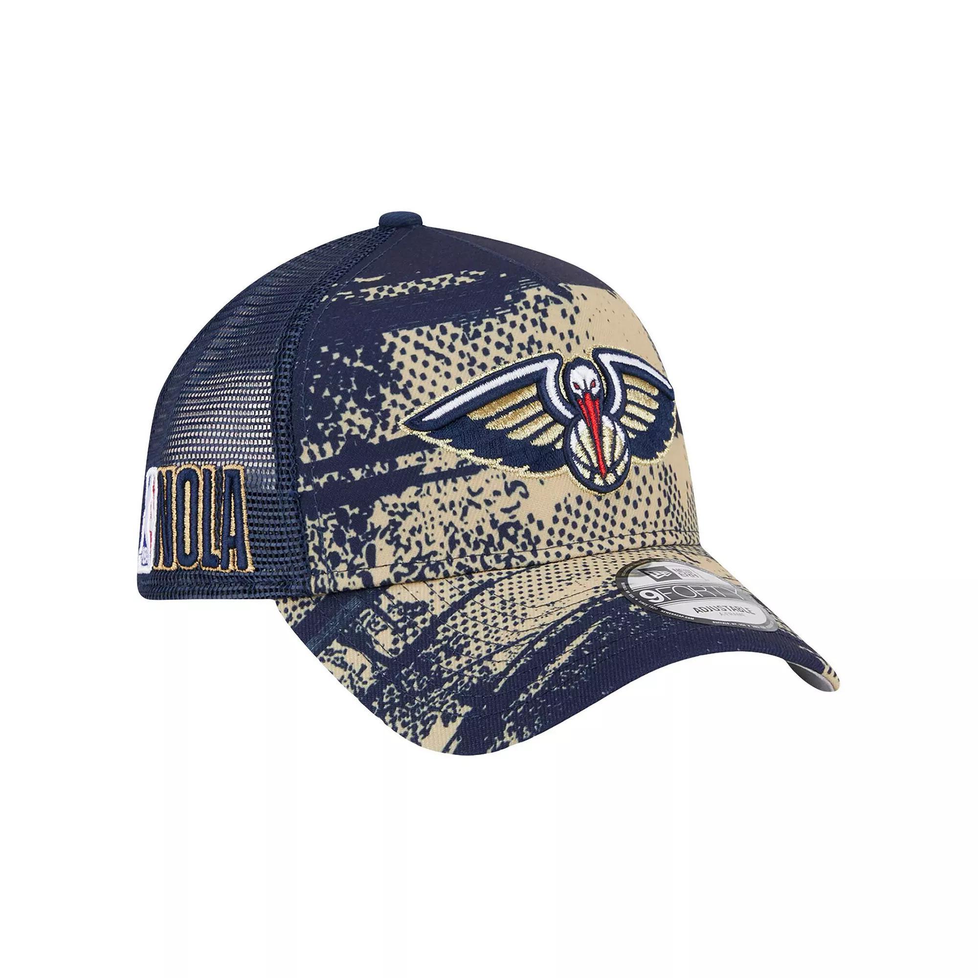Mens New Era /Gold New Orleans Pelicans Tip Off A-Frame Trucker 9FORTY Adjustable Hat, Blue Product Image