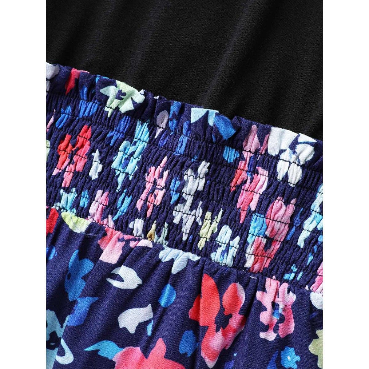 Plus Size DarkBlue Floral Color Contrast Shirred Jumpsuit Women Sleeveless Round Neck Vacation Loose Jumpsuits BloomChic 26/4X Product Image