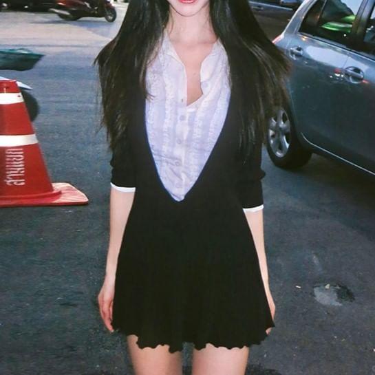 Mock Two-Piece Long-Sleeve Collared Mini A-Line Dress Product Image