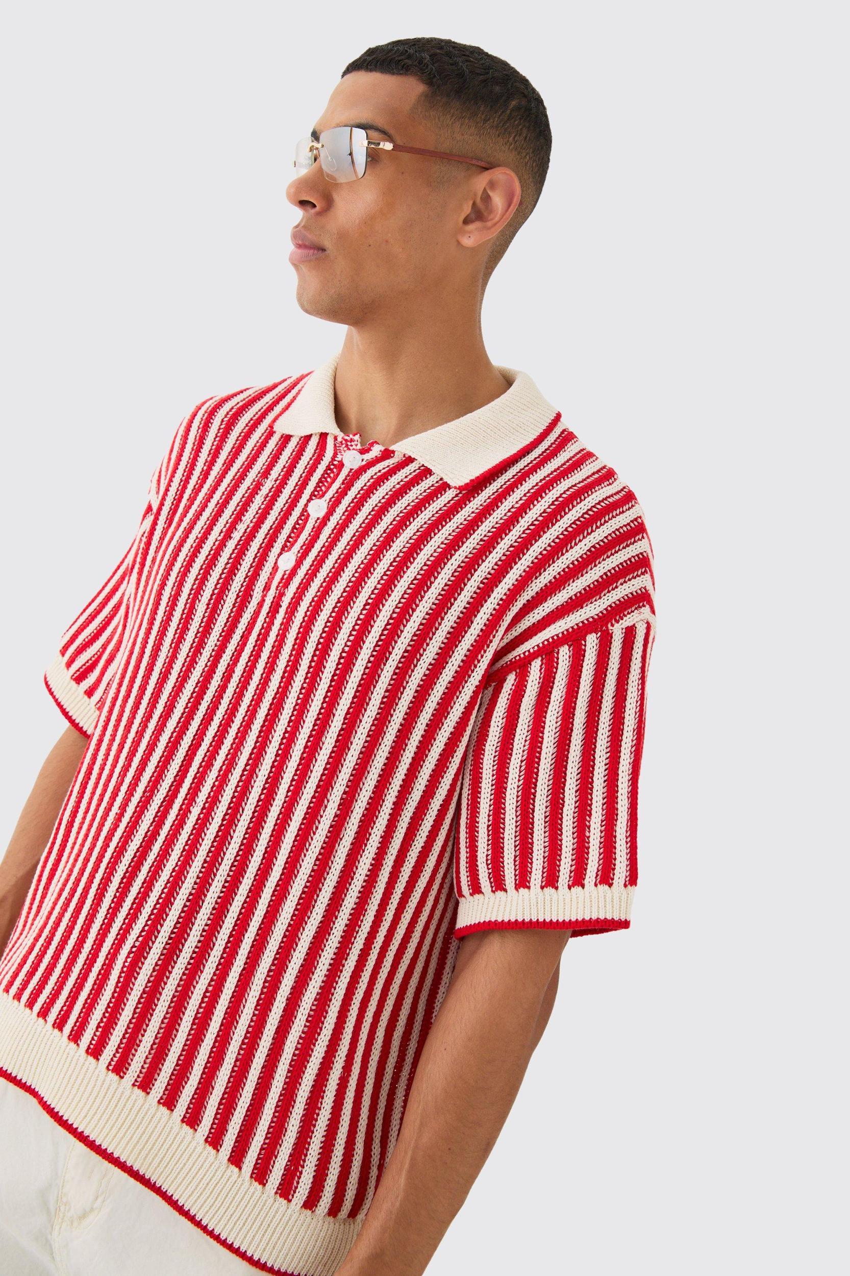 Oversized Boxy Stripe Open Stitch Polo | boohooMAN USA Product Image