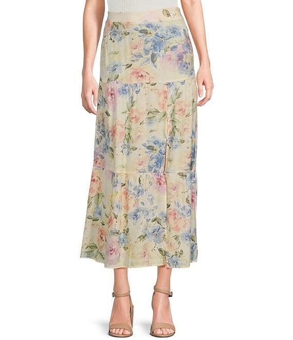 I.N. San Francisco Watercolor Floral Print Tiered Side Slit Maxi Skirt Product Image