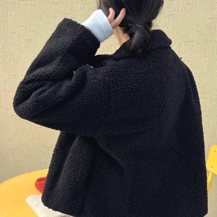 Collar Plain Fleece Zip Jacket Product Image