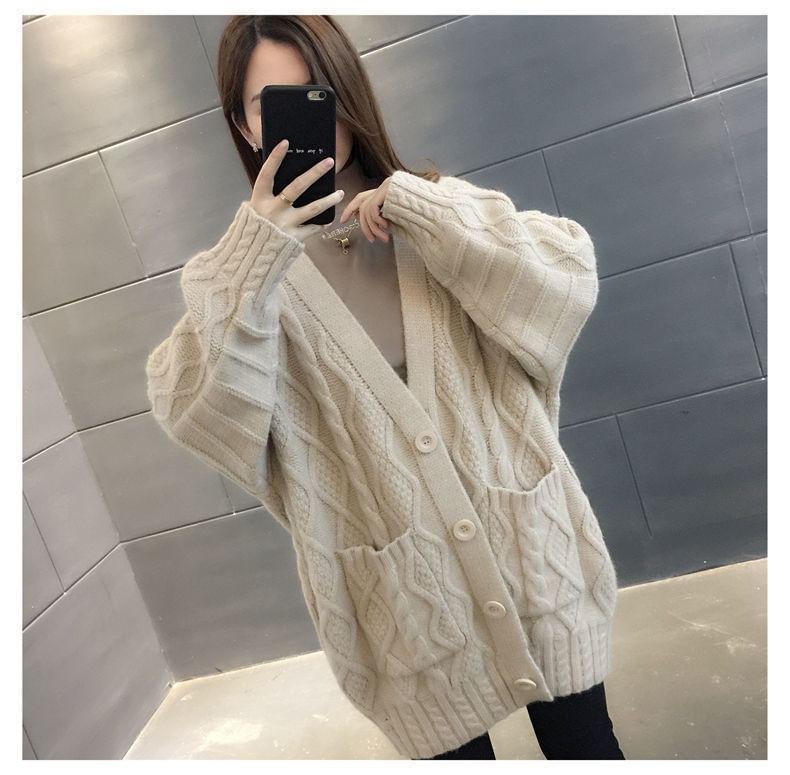 V-Neck Plain Cable Knit Button-Up Oversized Cardigan Product Image