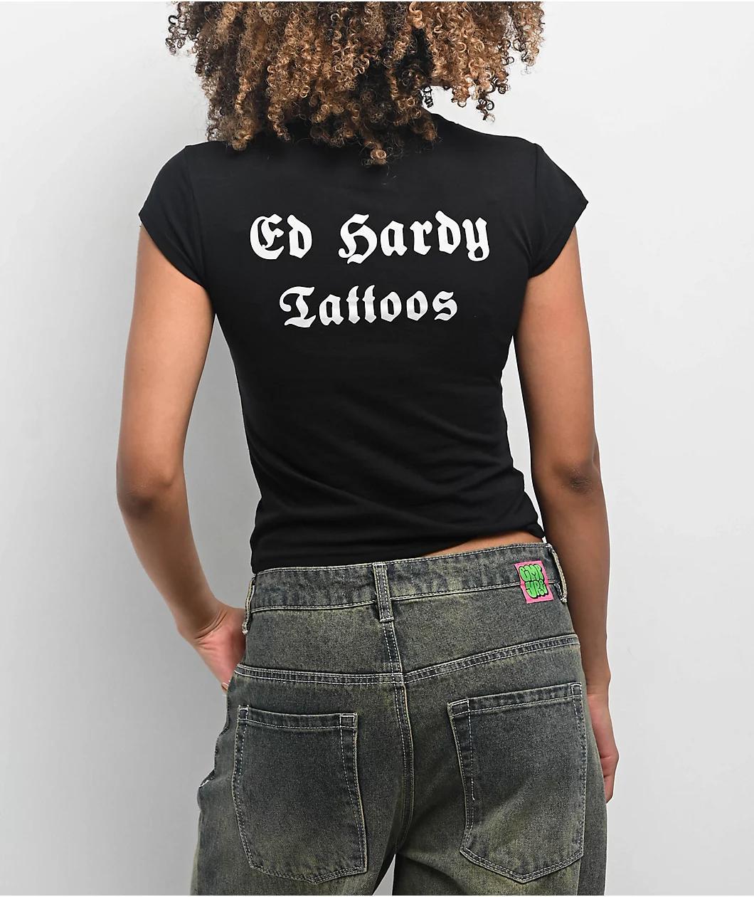 Ed Hardy Rose Rhinestone Cap Sleeve Black T-Shirt Product Image
