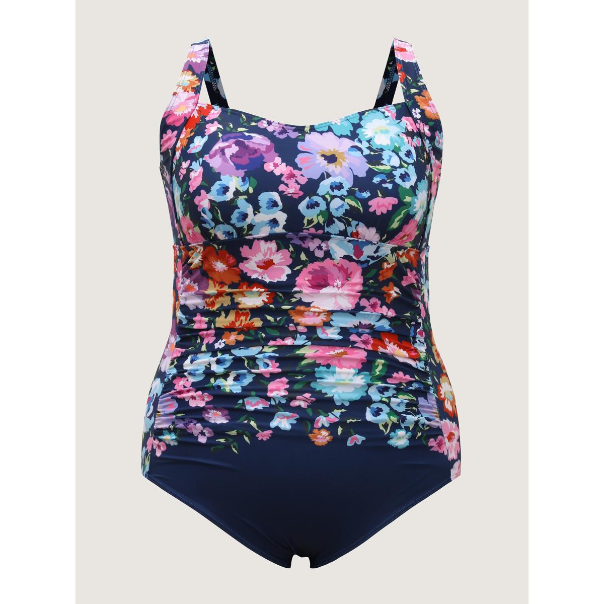 Plus Size Floral Fun Ruched One-Piece Swimsuit Women's Swimwear Indigo Beach Gathered Curve Bathing Suits High stretch One Pieces BloomChic 12/L Product Image