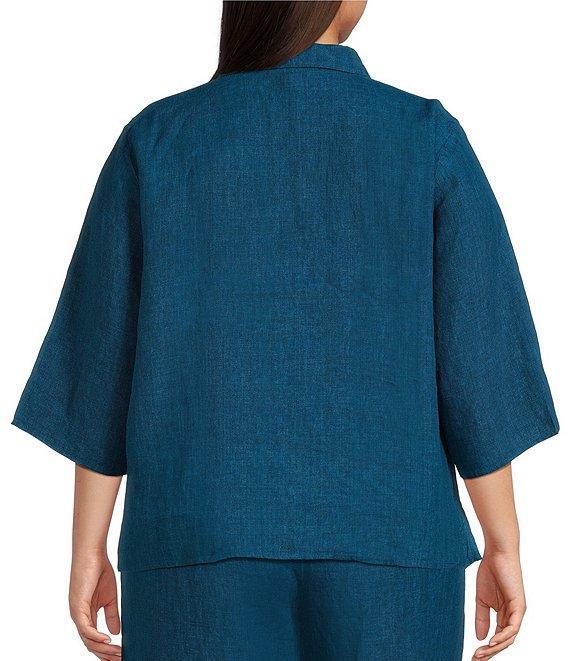 Eileen Fisher Plus Size Washed Organic Linen Point Collar 3/4 Sleeve Button Front Shirt Product Image