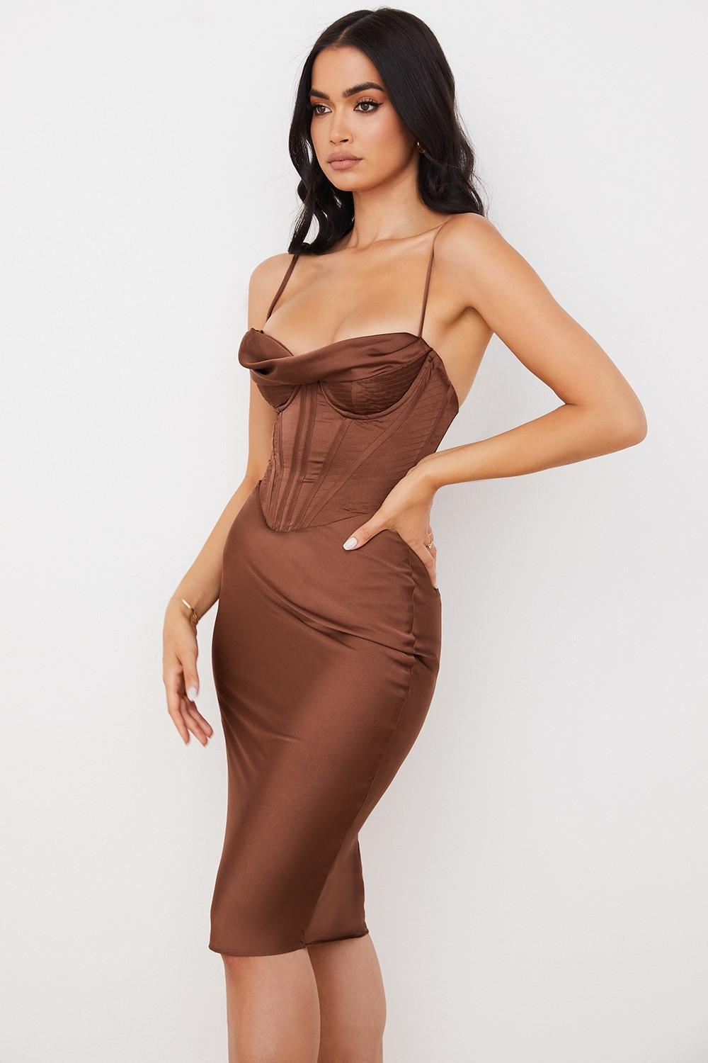 Myrna  chocolate satin corset slip dress - sale Product Image
