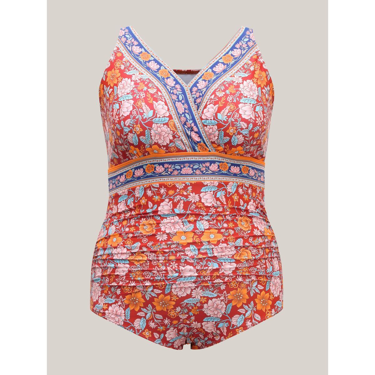 Plus Size Floral Print Ruched One-Piece Swimsuit Women's Swimwear Scarlet Beach Gathered Curve Bathing Suits High stretch One Pieces BloomChic 26/4X Product Image