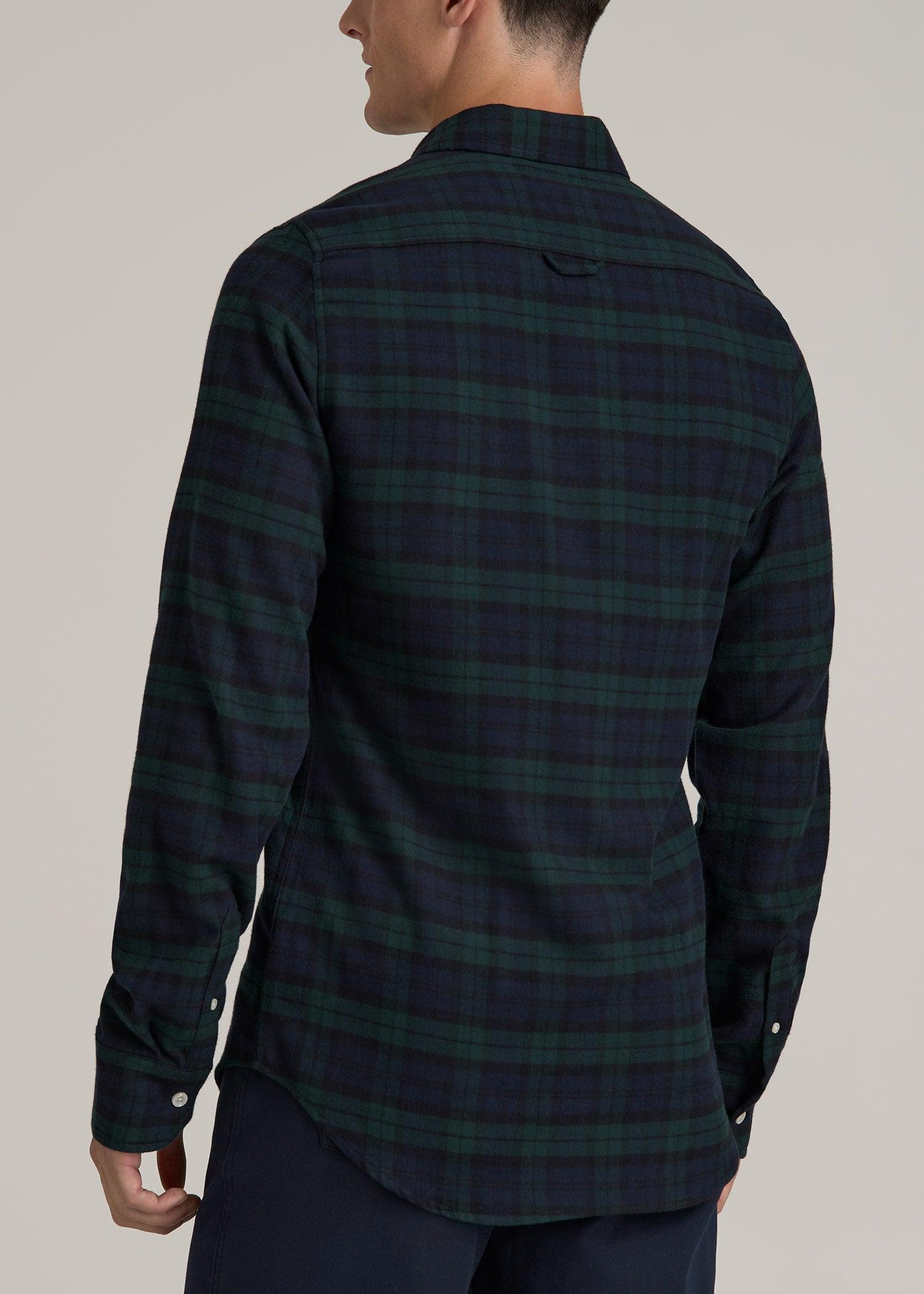Midweight Brushed Flannel Button Shirt for Tall Men in Blue Herringbone Tartan Product Image