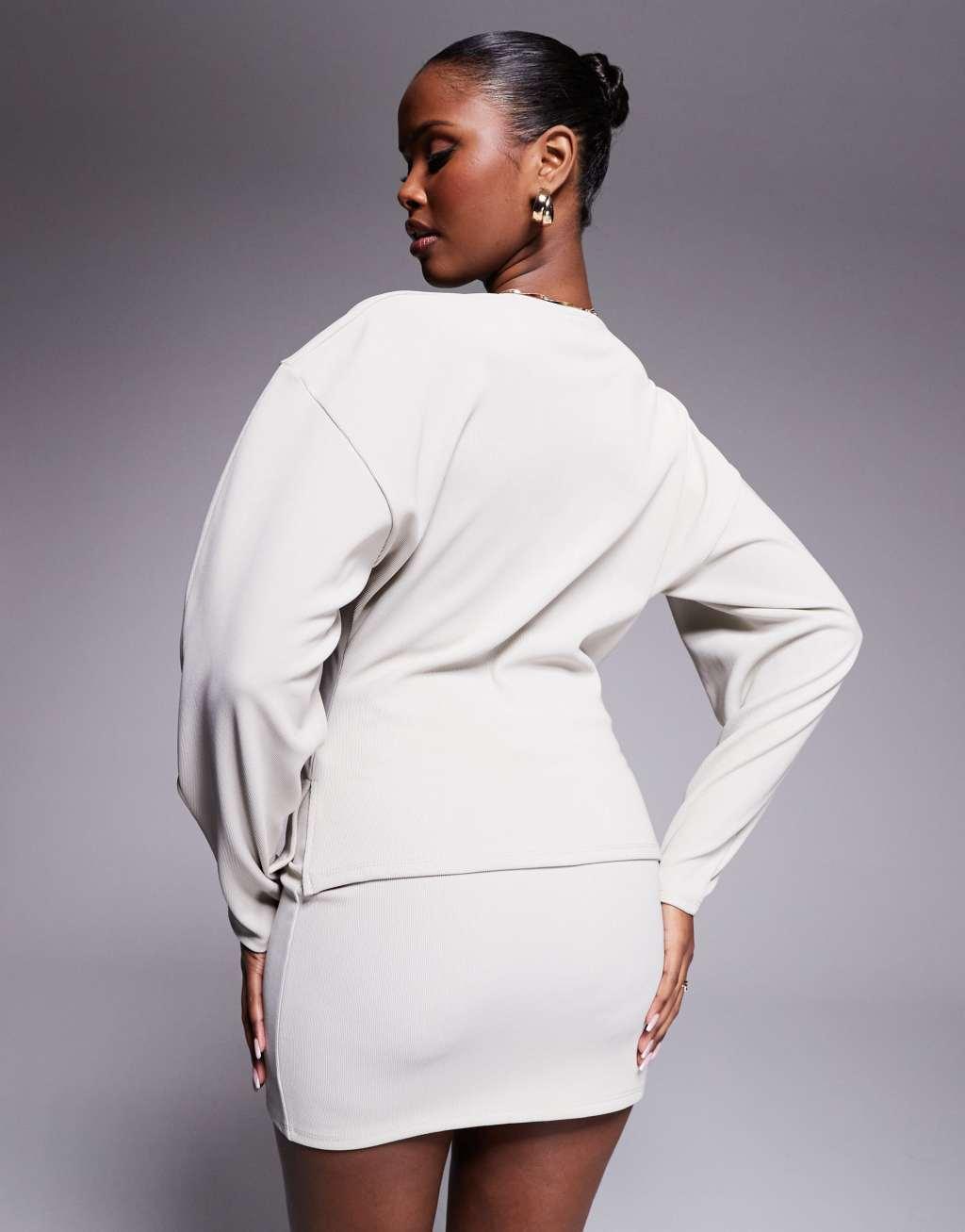 ASOS DESIGN ribbed balloon sleeve structured top in stone - part of a set Product Image