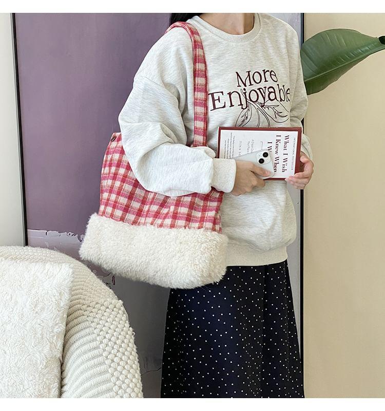 Plaid Fleece Panel Tote Bag Product Image