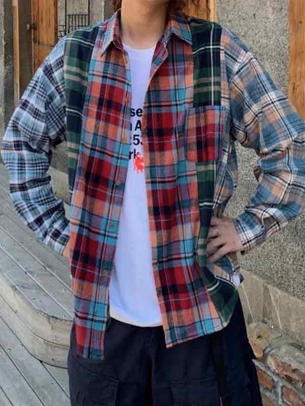 Men's Vintage Plaid Splice Long Sleeve Blouse Product Image