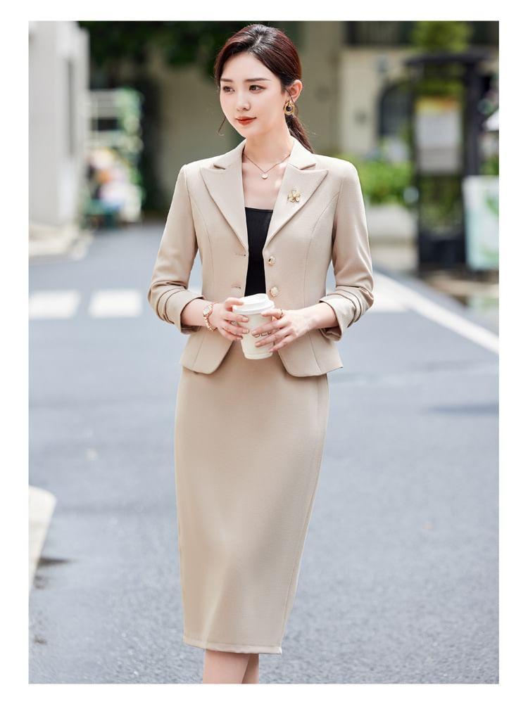 Set: Lapel Collar Plain Single Breasted Blazer + Mid Rise Plain Midi Pencil Skirt Product Image