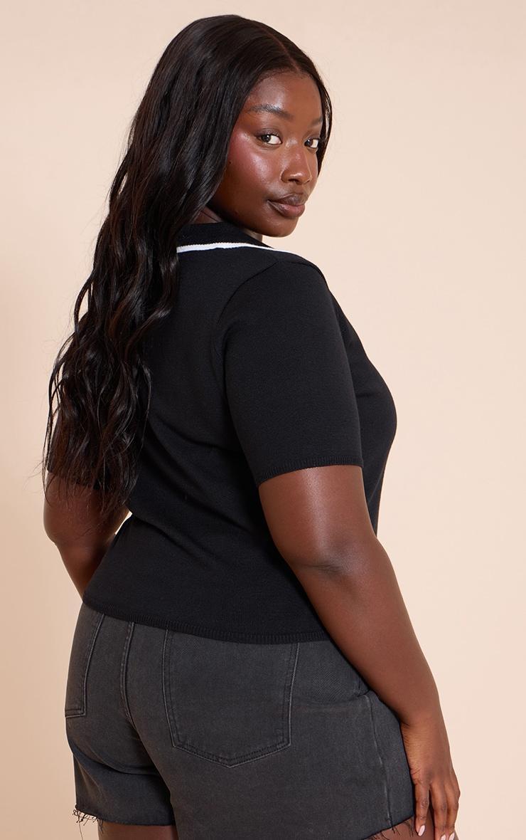Plus Black Knitted Contrast Polo Collar Top Product Image