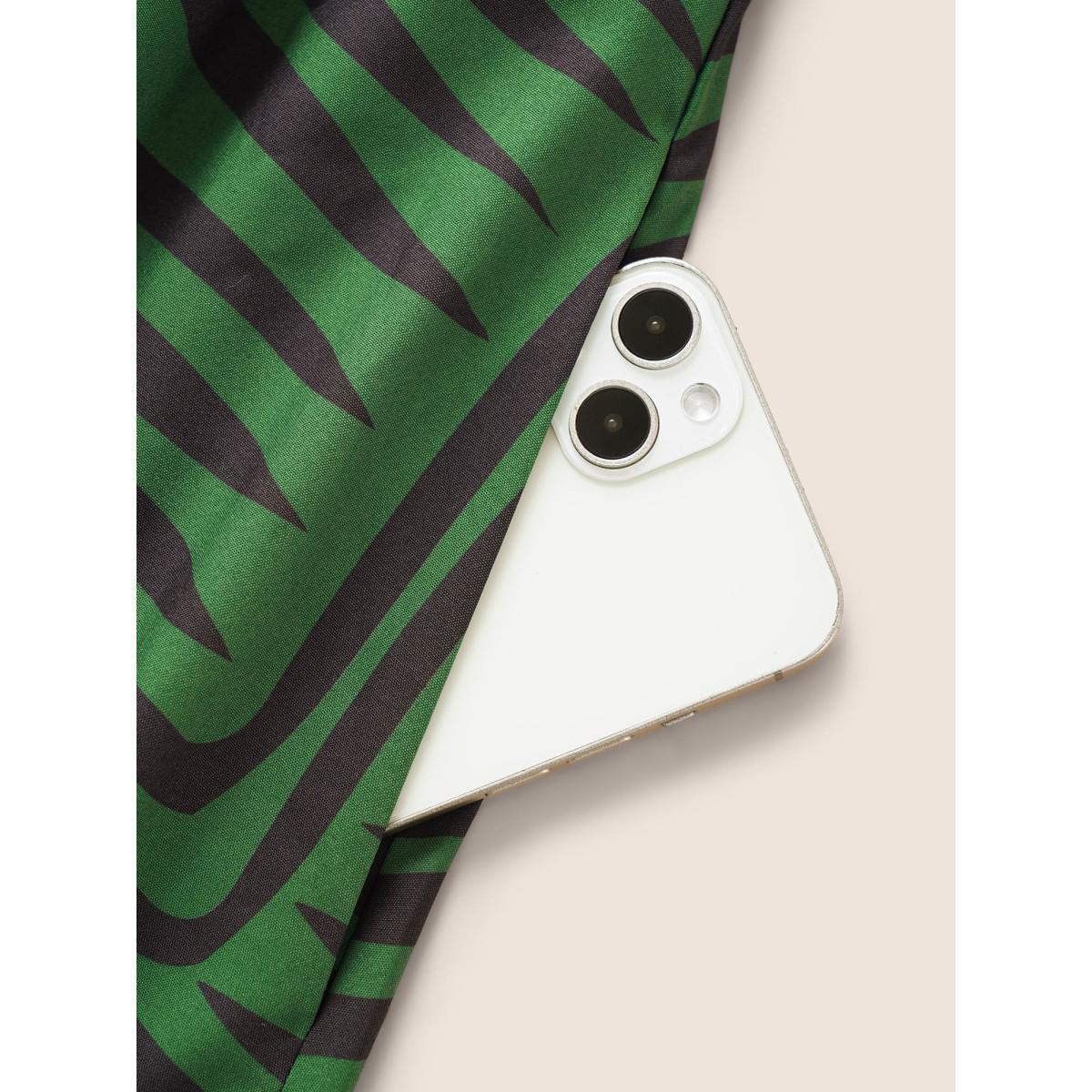 Plus Size Geometric Button Detail Cuffed Sleeve Dress DarkGreen Women At the Office Belted V-neck Short sleeve Curvy BloomChic 30/6X Product Image