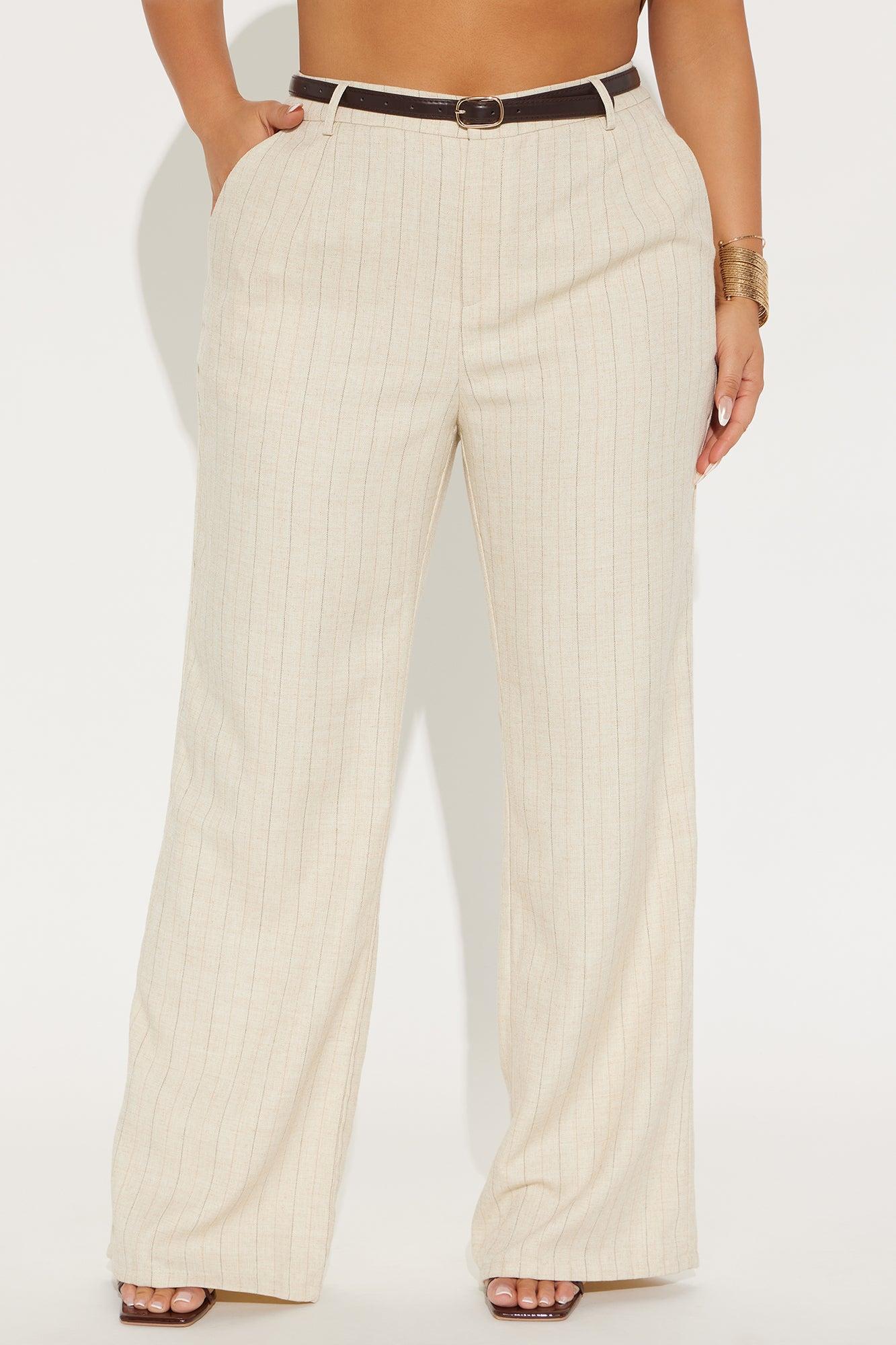Faith Belted Pinstripe Trouser Pant - Cream Product Image