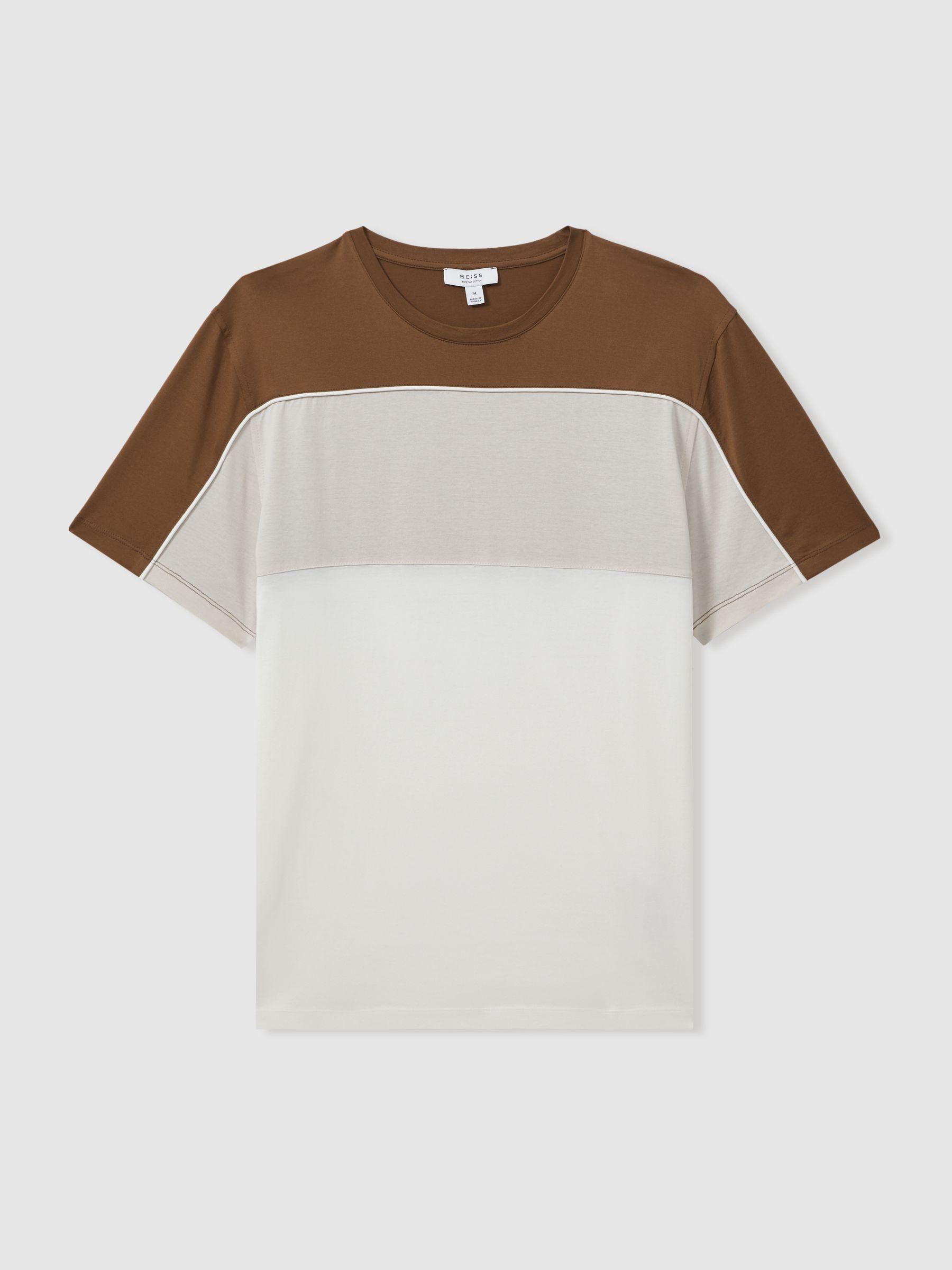 Mercerised Cotton Colourblock Crew Neck T-Shirt in Camel Brown/White Product Image