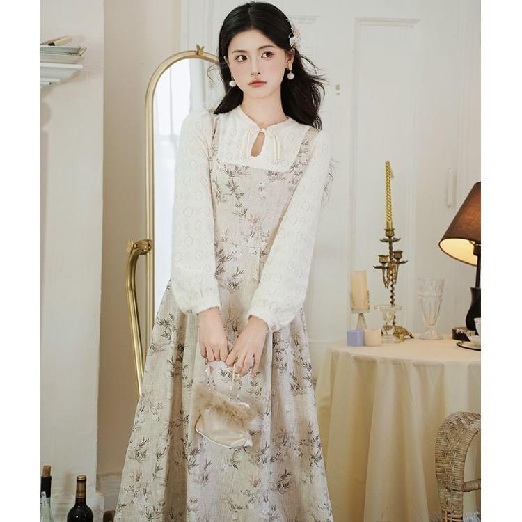 Long Sleeve Round Neck Floral Printed Mock Two Piece Maxi A-Line Dress Product Image