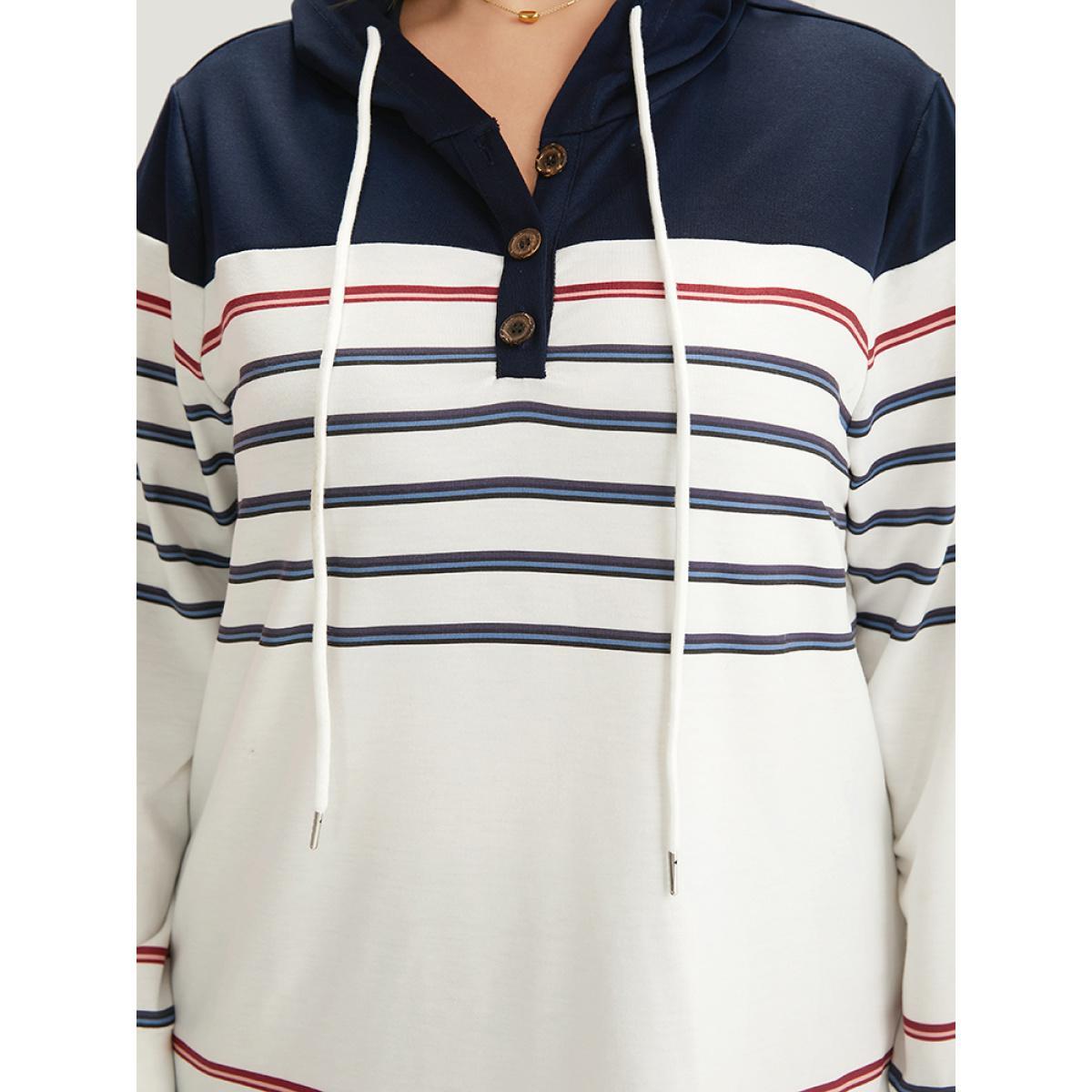 Plus Size Striped Contrast Patchwork Drawstring Button Up Hooded Sweatshirt Women Multicolor Casual Elastic cuffs Hooded Dailywear Sweatshirts BloomChic 10/M Product Image